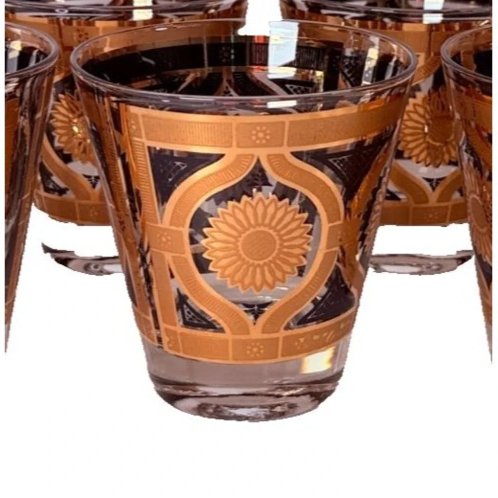 Vtg MCM Fred Press Sunflower 8 Rocks Glasses Black 22K Gold Barware Set Signed